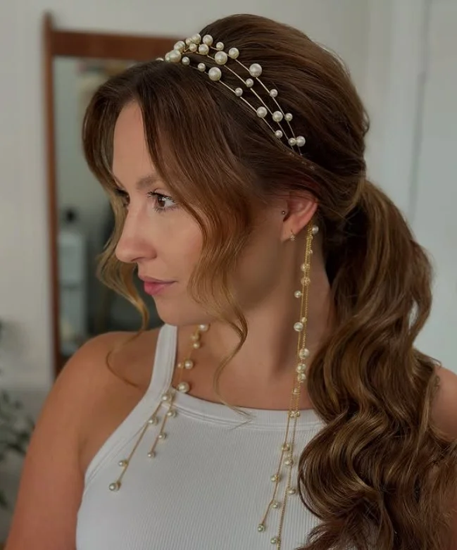 beach waves bridal hairstyle with sparkling wedding headband accessory
