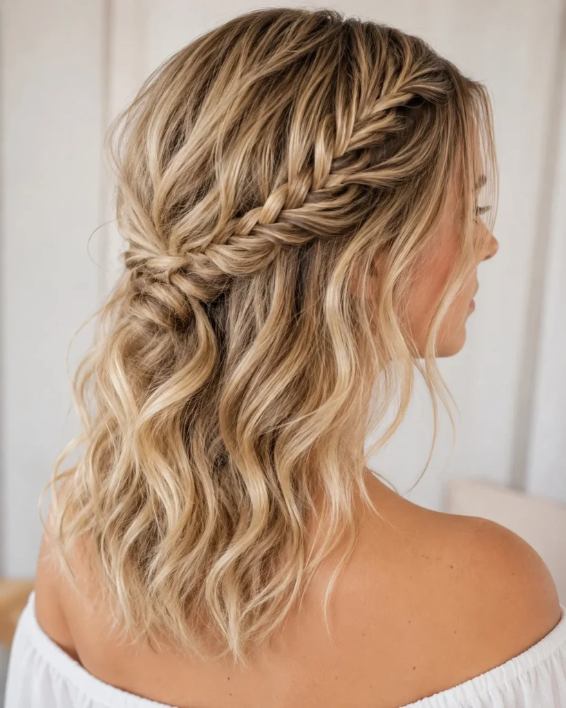 medium beach waves hairstyle featuring braided hair detail