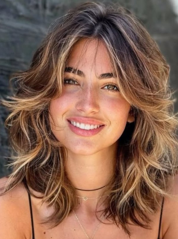 layered beach wave lob hairstyle with movement and dimension