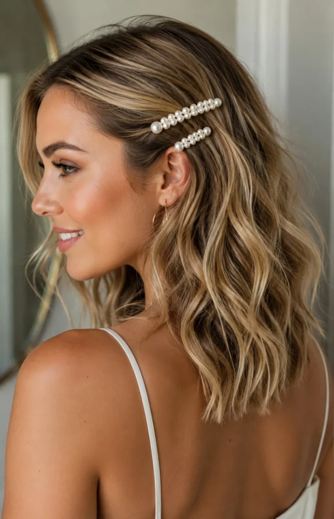 medium beach waves hairstyle with pearl hair accessories