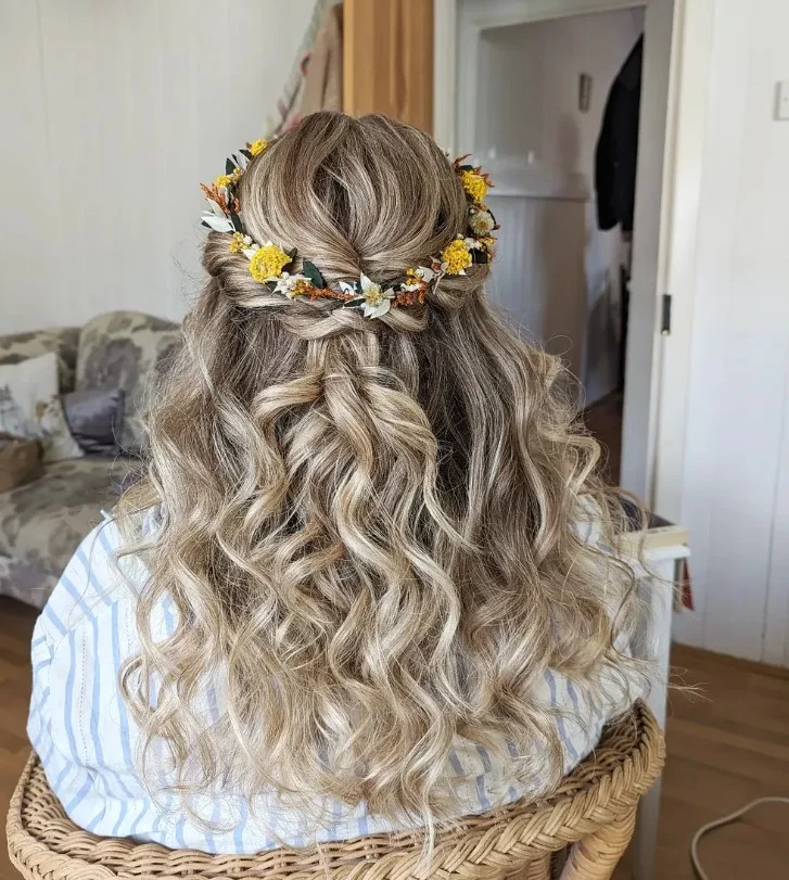 floral crown beach waves hairstyle for seaside wedding look