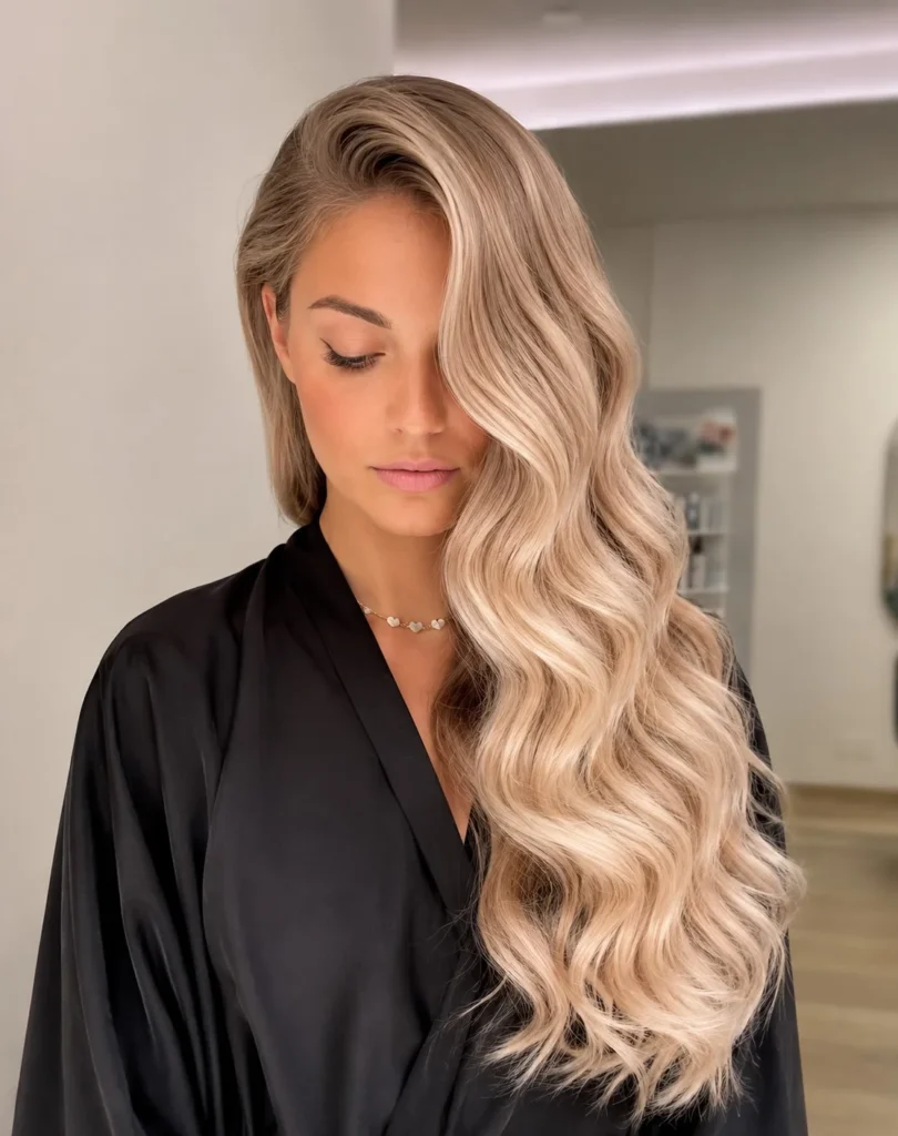 side swept hollywood waves hairstyle for elegant wedding guest