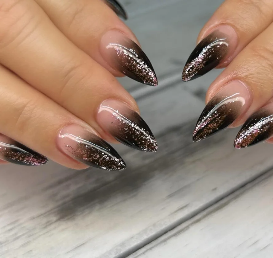 Black almond nails design gradient sparkle glitter fade elegant party nail style