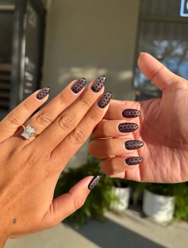 Black almond nails design with minimal dot details simple elegant everyday nails
