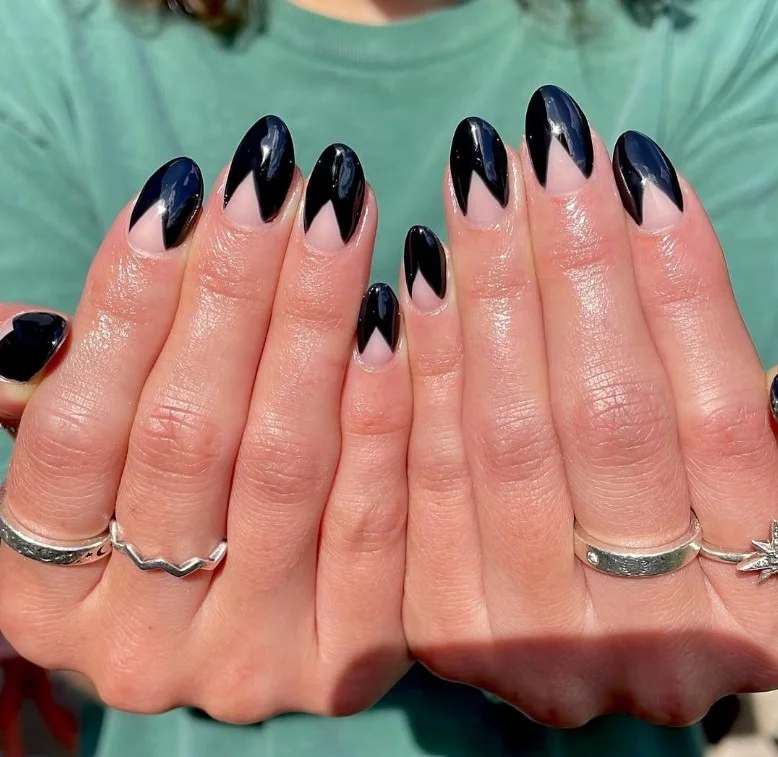 Black almond nails design negative space modern creative minimal nail art style