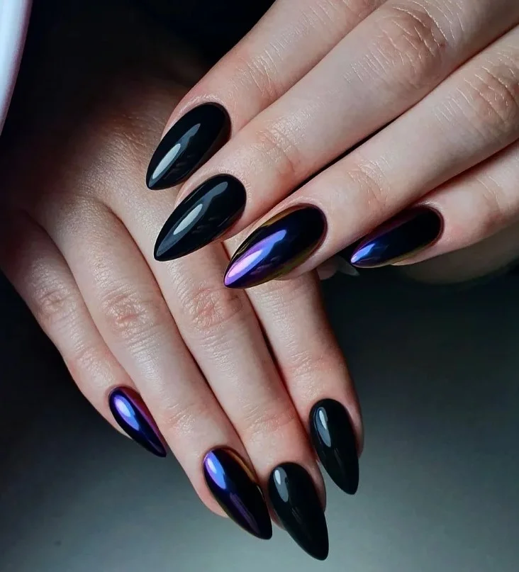 Chrome black almond nails design mirror shine futuristic glossy nail look