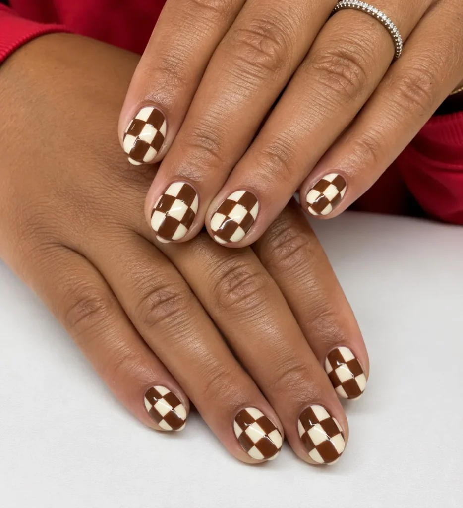 Brown and cream short almond nails soft minimal modern nail design