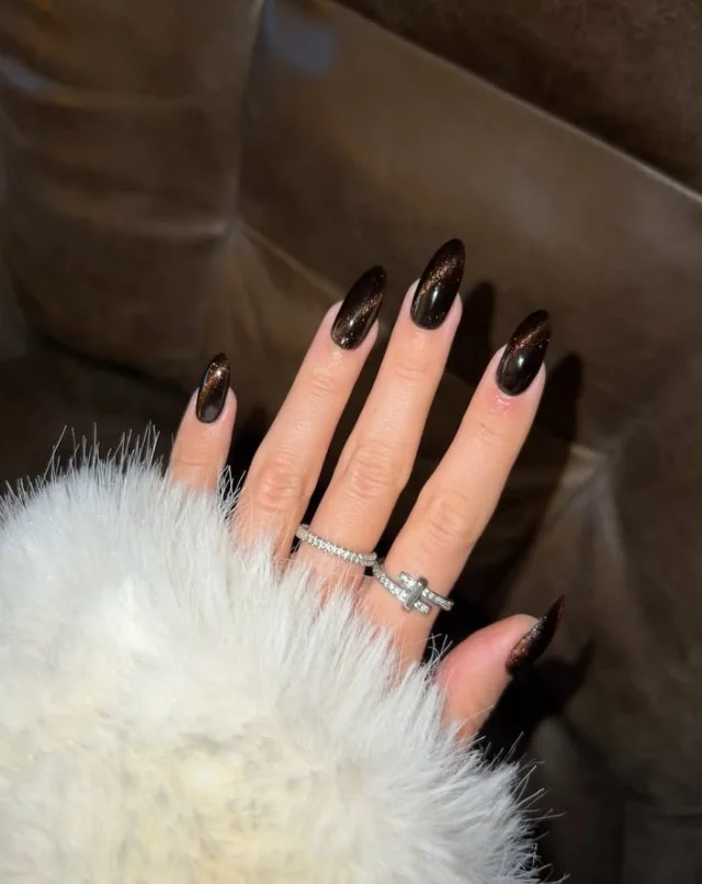 Dark brown almond-shaped cat eye nails with a magnetic shimmer effect creating a sleek, reflective finish.