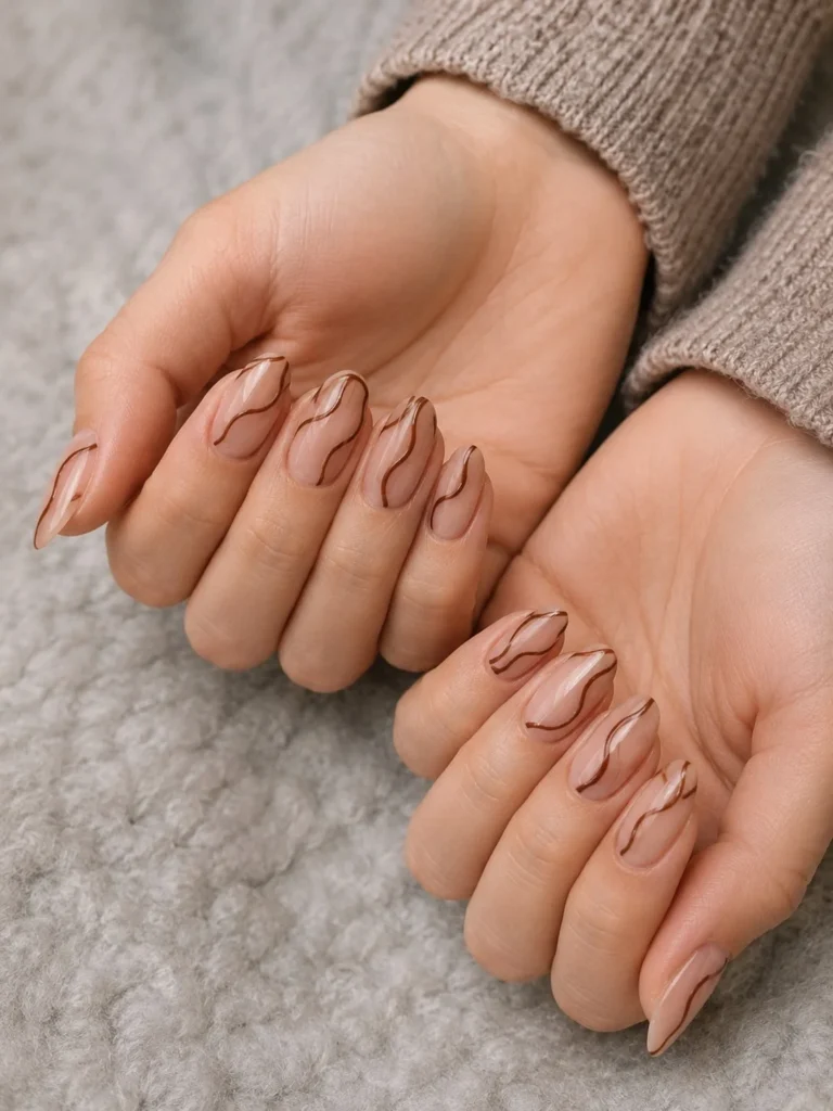 Brown almond nails with minimal line art design modern aesthetic nails