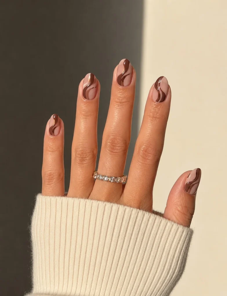 Brown swirl nail art on short almond nails creative soft aesthetic design