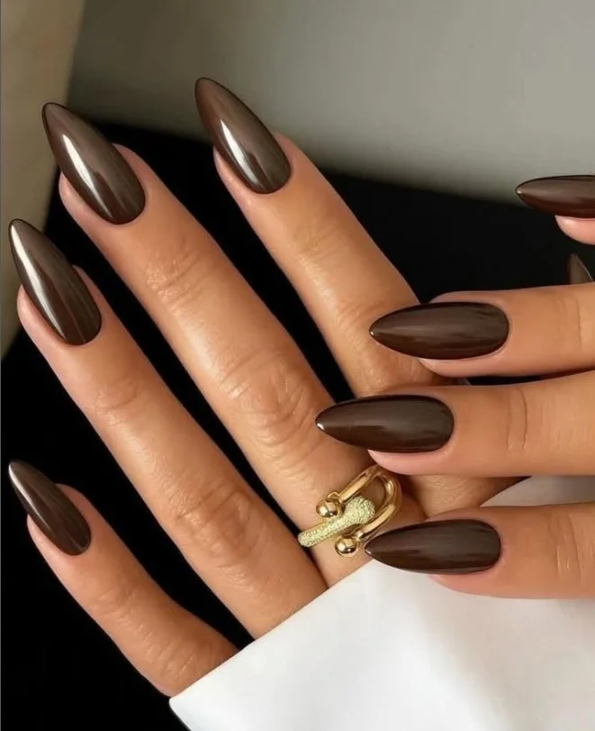 Shiny chrome chocolate brown almond nails reflecting light stylishly.