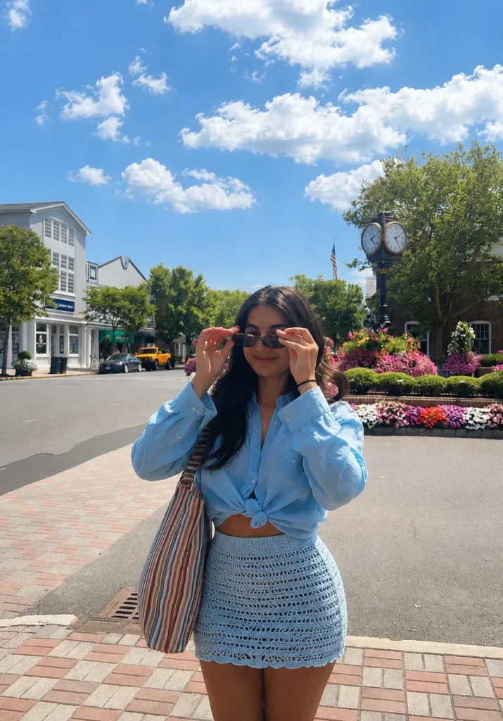 Coastal blue button-up shirt styled with crochet mini skirt summer outfit