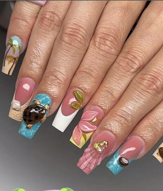 Coconut beach summer 3D nail designs with tropical vacation-inspired nail art.