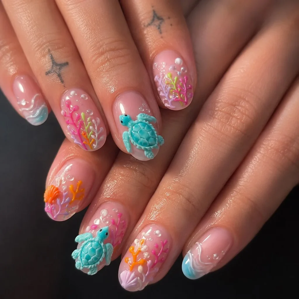 Tropical coral reef summer 3D nail designs with textured ocean-inspired details.