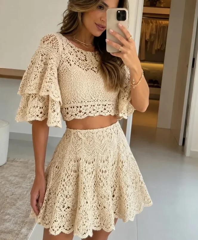 Cream crochet two piece outfit featuring sophisticated neutral matching set
