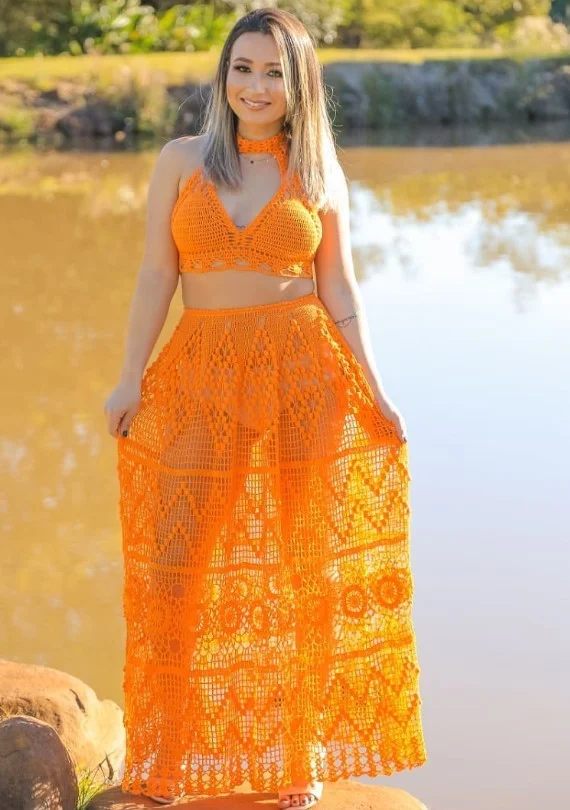 Crochet bralette and maxi skirt matching set elegant summer outfit inspiration