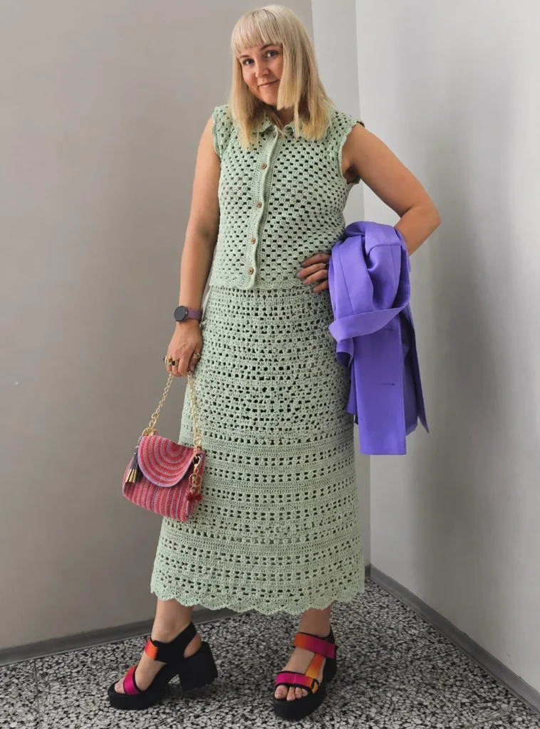 Crochet vest and skirt matching set outfit with sophisticated styling details