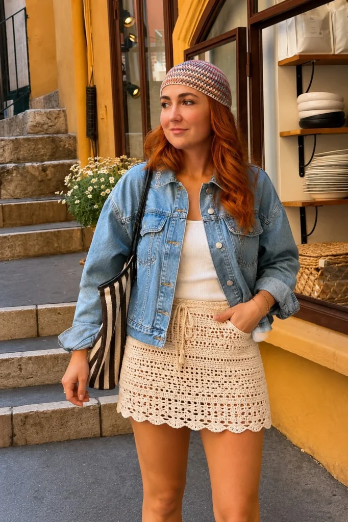 Denim jacket layered over crochet mini skirt outfit casual stylish look