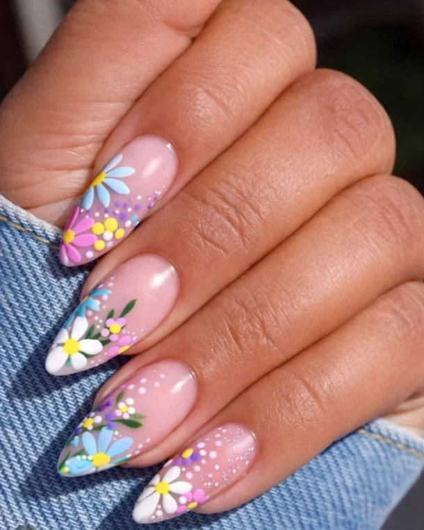 Elegant classy almond nail designs featuring delicate floral nail art
