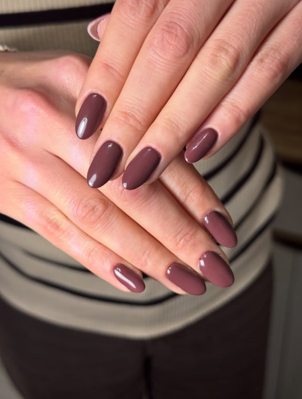Glossy mocha elegant classy almond nail designs with rich brown tones