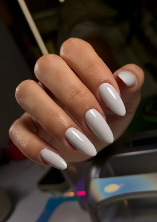 Soft grey elegant classy almond nail designs with modern minimalist appeal