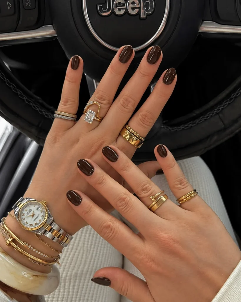 Dark espresso brown glossy short almond nails classy bold minimal nail design