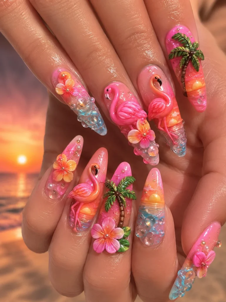 Flamingo sunset summer 3D nail designs with coral and peach tropical colors.