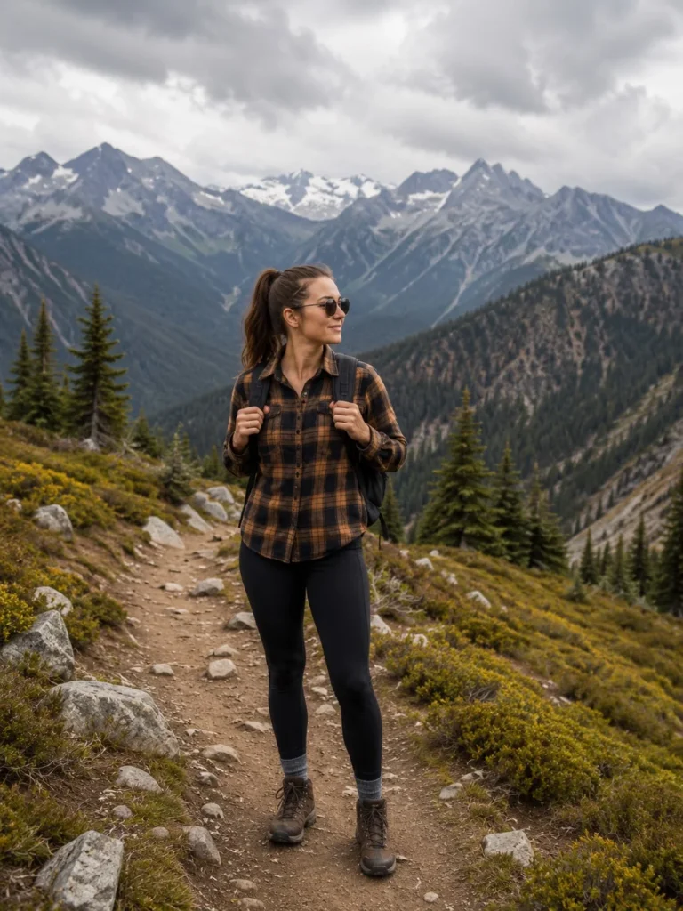 Plaid flannel hiking shirt styled with black trekking leggings for fall mountain adventures.