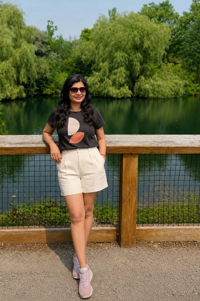 Graphic tee tucked into structured shorts for a stylish everyday outfit.