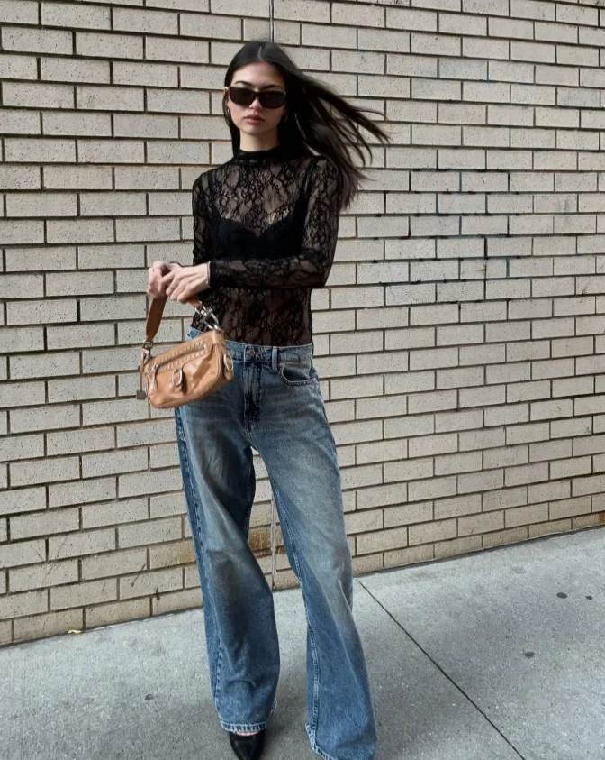 Lace bodysuit paired with trendy wide-leg jeans for everyday style.