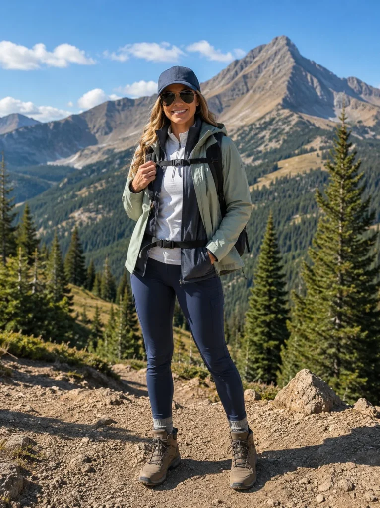 Layered mountain trekking outfit featuring a base layer, fleece, and waterproof hiking jacket.