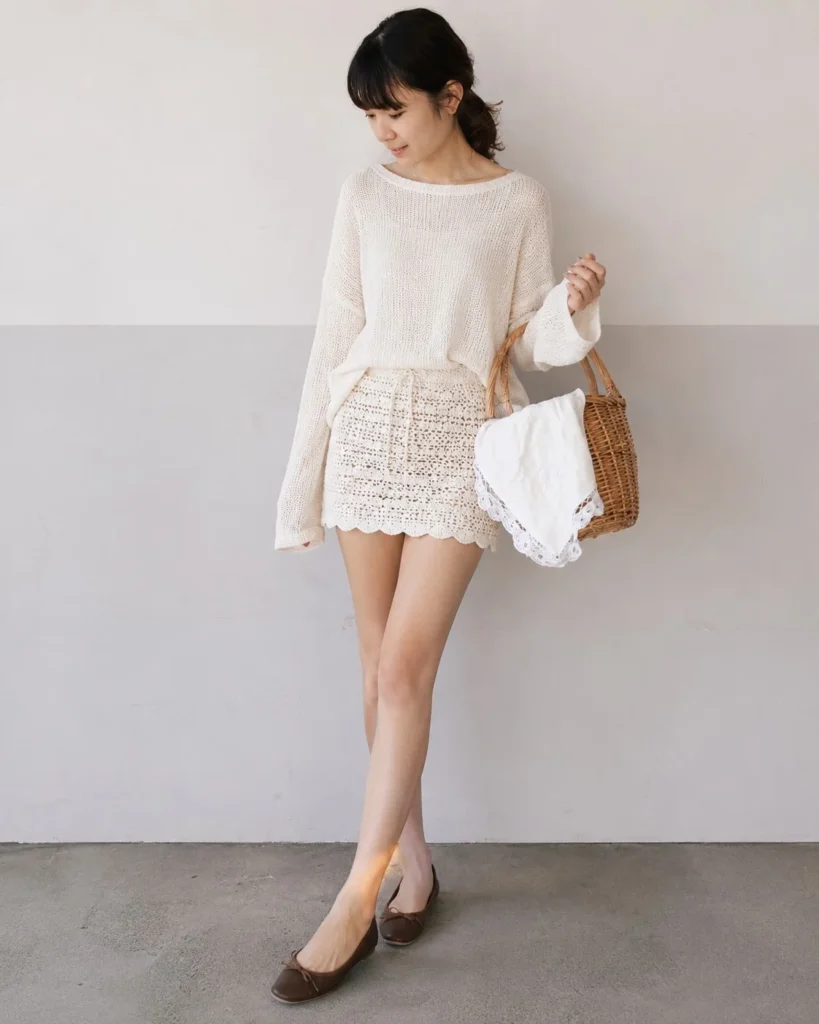 Lightweight sweater paired with crochet mini skirt cozy chic outfit idea