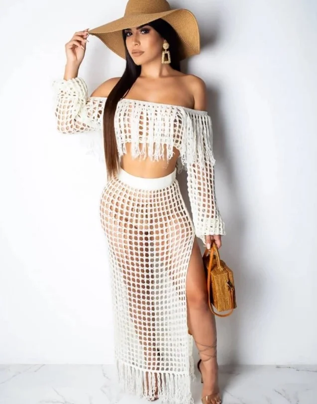 Long sleeve crochet two piece outfit with stylish matching set for transitional weather