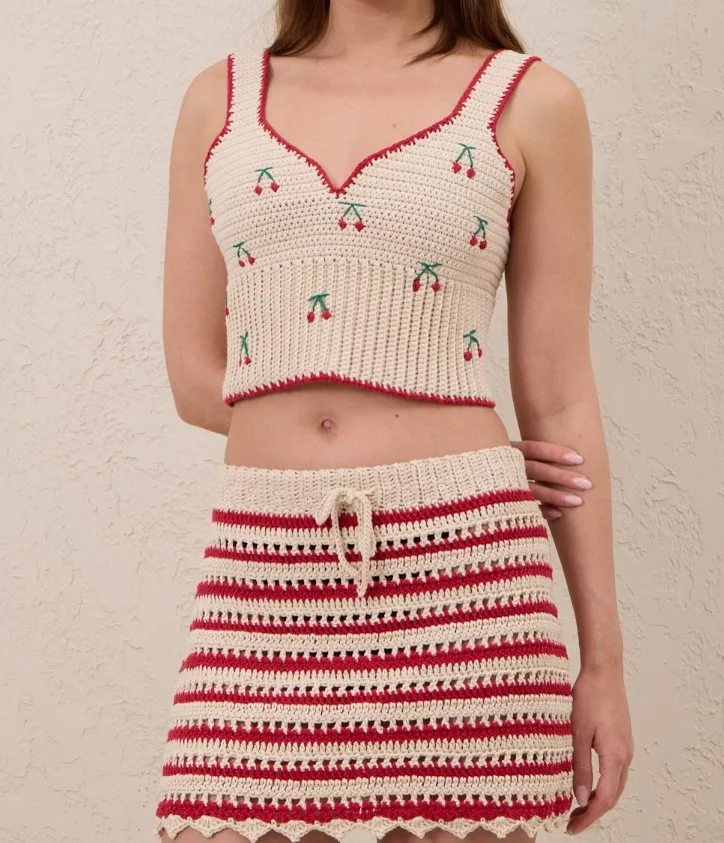 Matching crochet set featuring crochet mini skirt and coordinating top