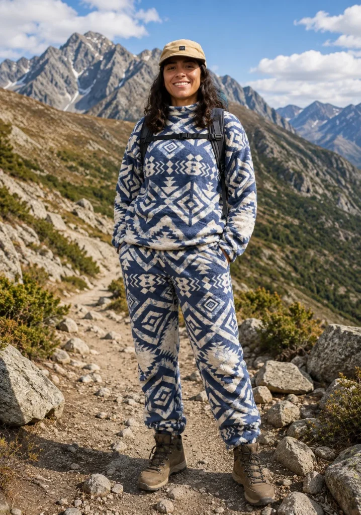 Matching outdoor hiking set with supportive hiking boots for mountain adventures.