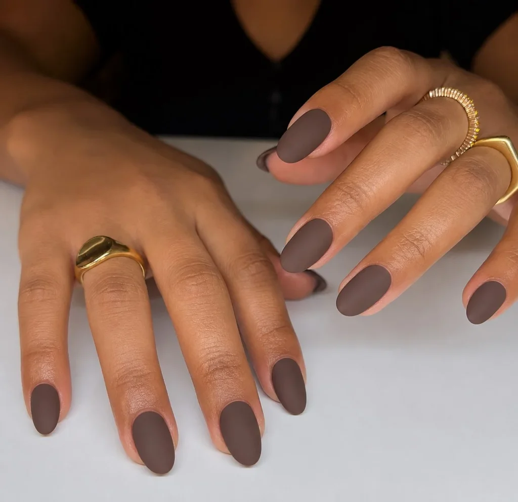Matte cocoa brown short almond nails minimal modern smooth finish nail style