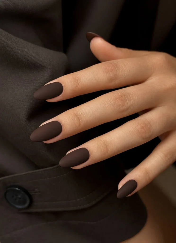 Matte finish espresso brown almond nails with minimal clean style.