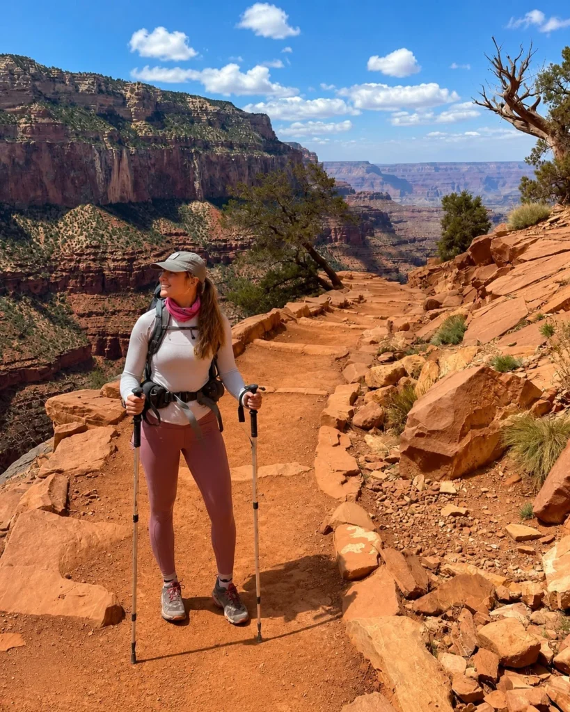 Merino wool hiking base layer paired with trekking tights for cold mountain hikes.