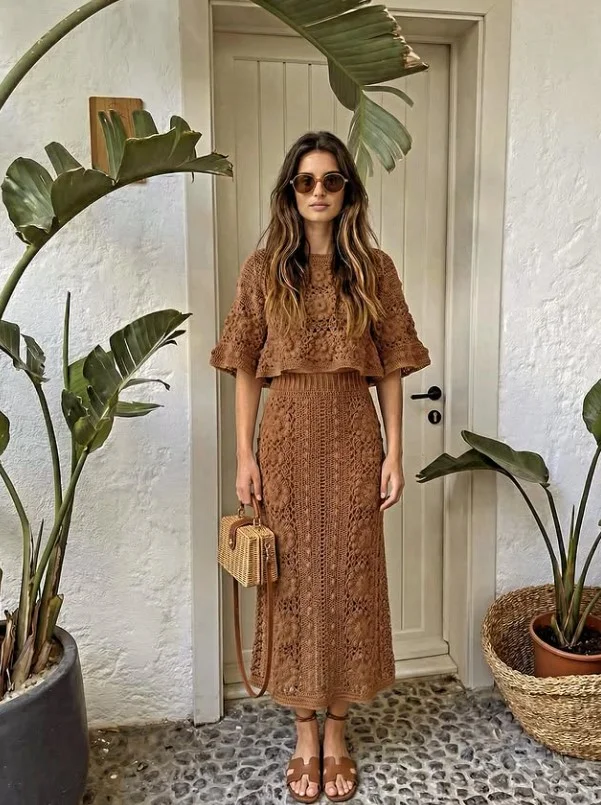 Minimalist crochet two piece outfit with clean lines and timeless summer style