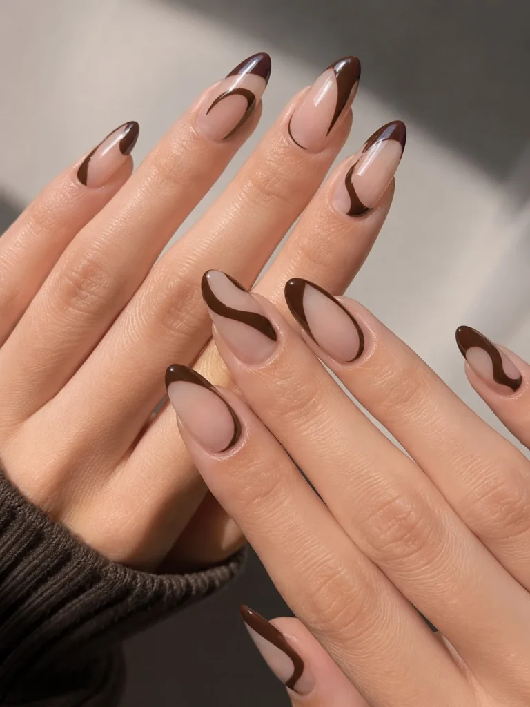 Modern negative space almond nails with dark brown accents.