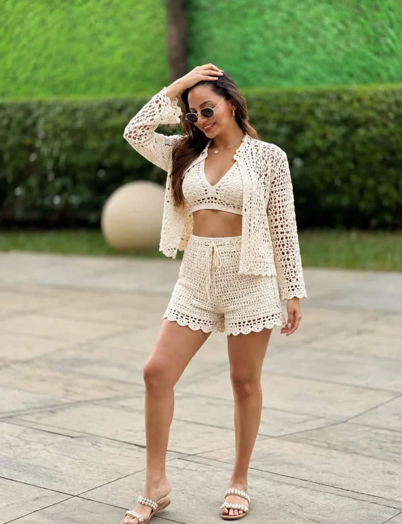 Neutral crochet shorts set outfit perfect for casual summer fashion looks