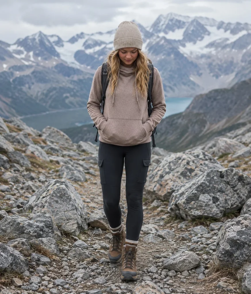Neutral hoodie paired with cargo hiking leggings for a casual mountain trekking outfit.