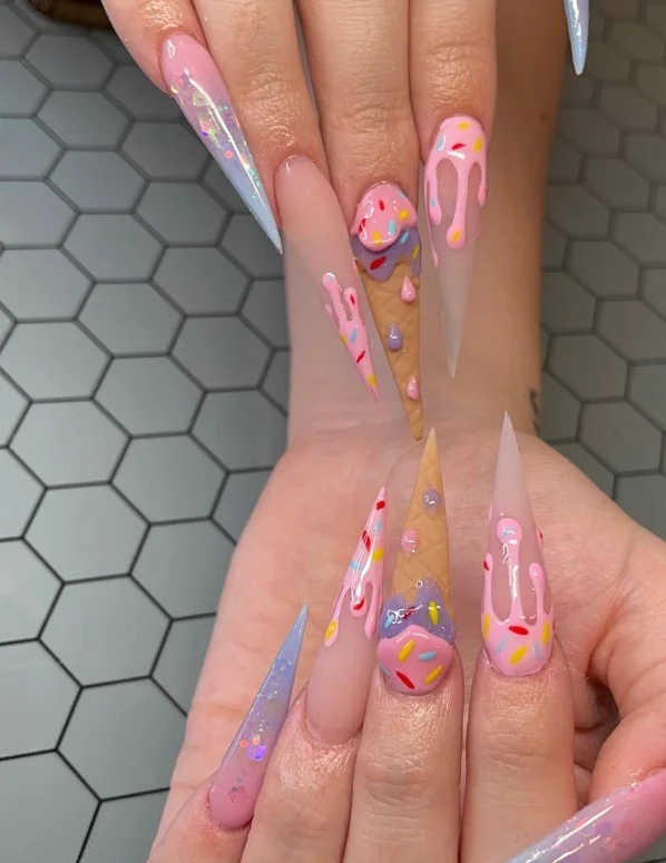 Pastel ice cream summer 3D nail designs with colorful raised dessert accents.