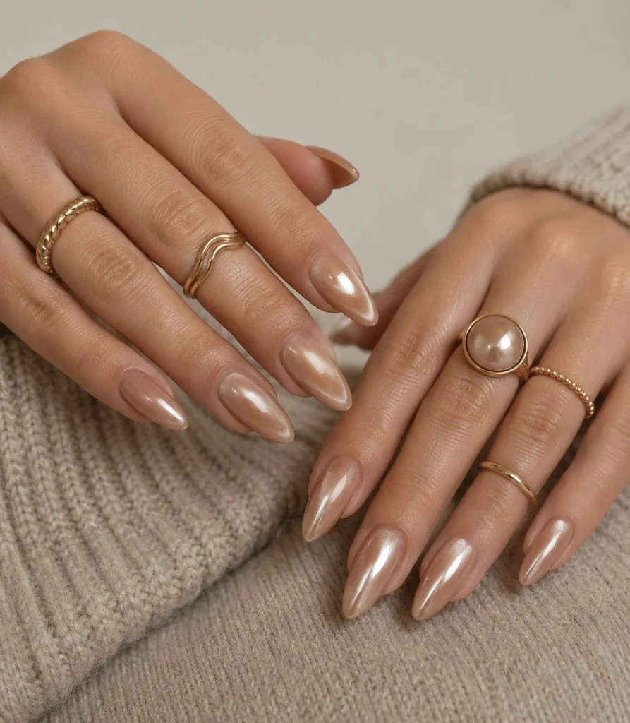 Pearl glow almond nails with luminous brown tones and elegant shine.