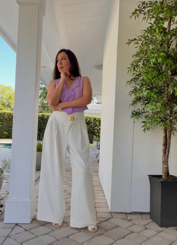 chiffon blouse and wide leg pants conservative summer fashion look
