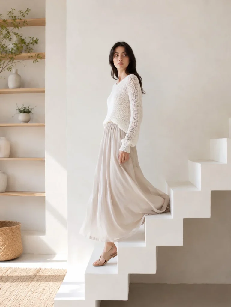 flowing skirt and lightweight sweater conservative summer look
