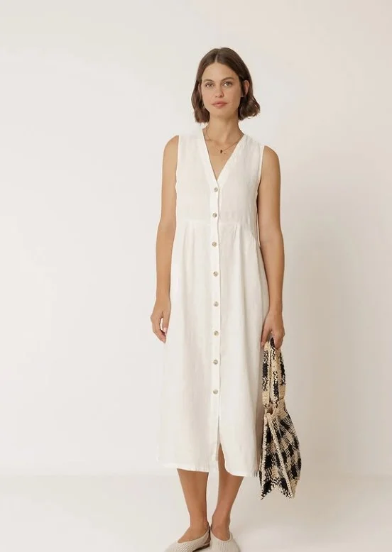 summer conservative outfit with linen button front midi dress for women