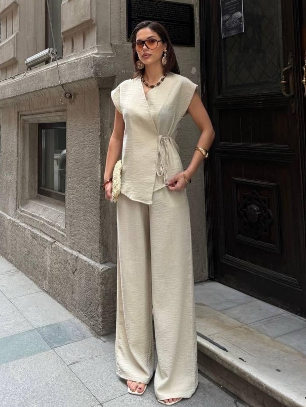 neutral linen matching set modest summer outfit for women