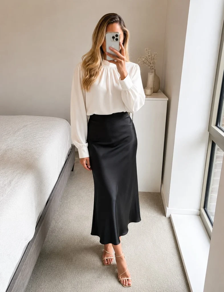 satin midi skirt outfit for elegant conservative summer fashion