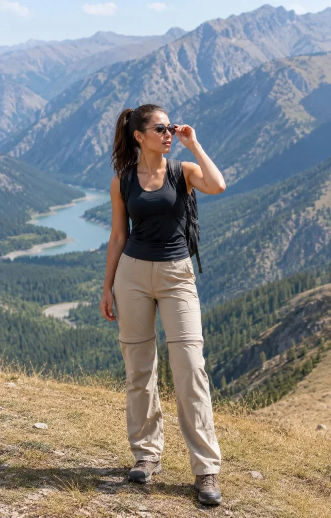 Breathable tank top with convertible hiking pants for warm-weather mountain hikes.